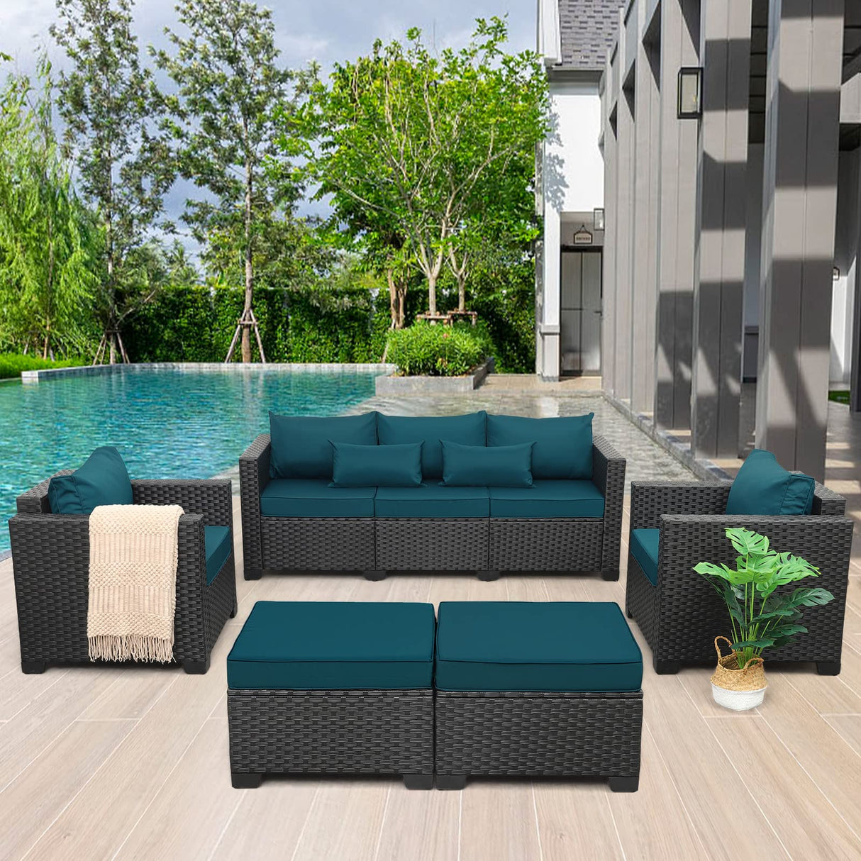 Rattaner Patio Furniture Set 5-Piece Outdoor Furniture Sets Patio Couch Outdoor Chairs Patio Ottomans with Anti-Slip Cushions and Waterproof Covers, Peacock Blue Rattaner