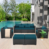 Rattaner Patio Furniture Set 5-Piece Outdoor Furniture Sets Patio Couch Outdoor Chairs Patio Ottomans with Anti-Slip Cushions and Waterproof Covers, Peacock Blue Rattaner