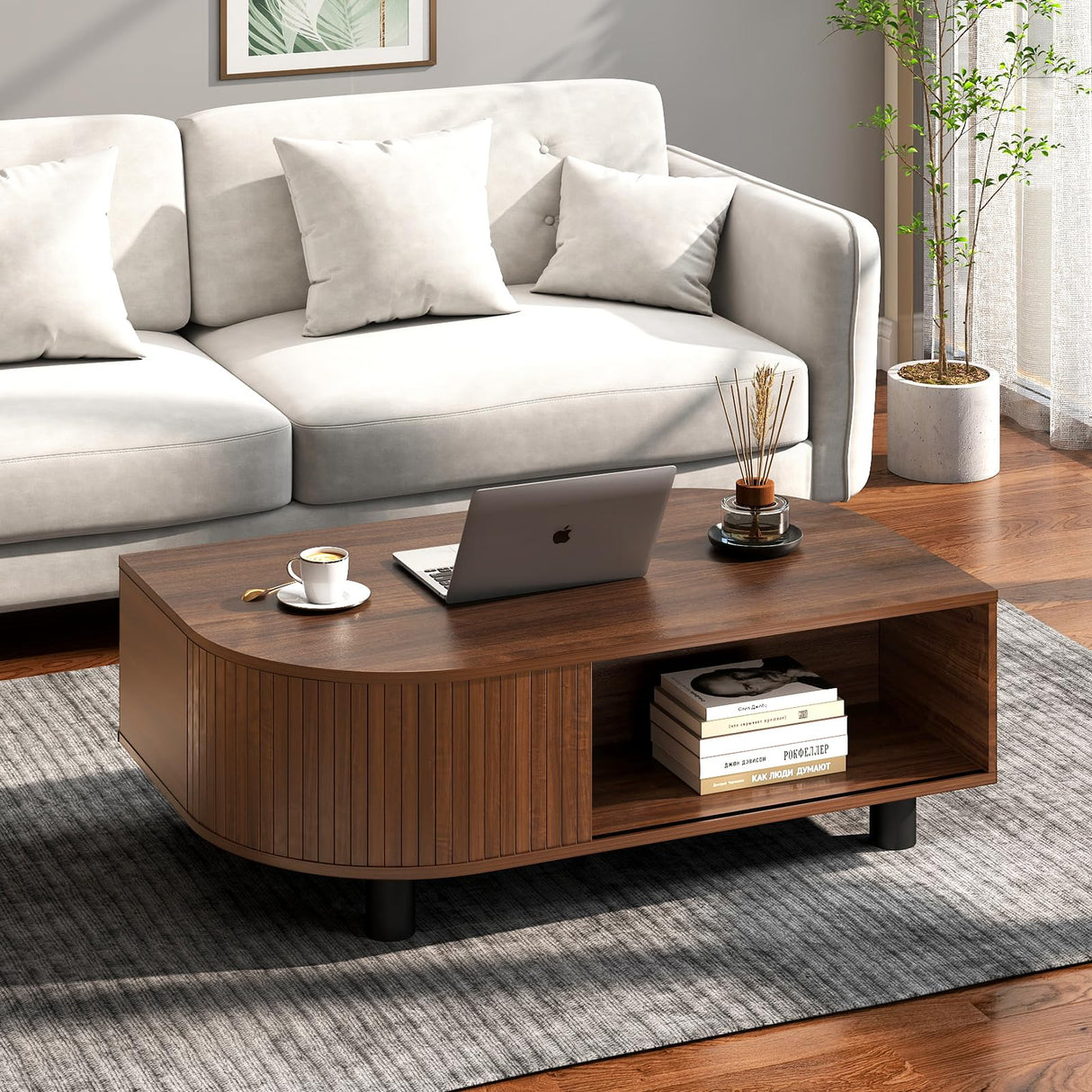 sunmiler Mid-Century Modern 39.4" Coffee Table - Leaf-Shaped Wood Center Table with Storage, Retro Fluted Central Table with Sliding Door & Large Hidden Compartment, for Living Room, Office, Walnut sunmiler
