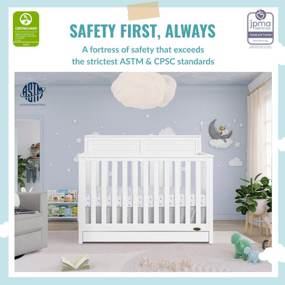 Evolur JPMA & Greenguard Gold Certified Dream On Me Reign 5 in 1 Convertible Crib with Under Drawer in White, Made of Sustainable Pinewood, Non-Toxic Water-Based Paint Finish - WoodArtSupply