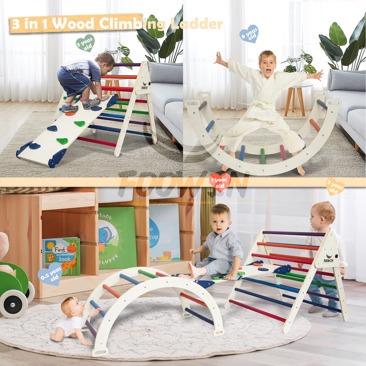 FOOWIN Pikler Triangle Set Climber 8 in 1，Toddler Climbing Toys with Ramp & Arch & Mat Montessori Climbing Set，Wooden Climbing Toys with Ramp for Kids FOOWIN