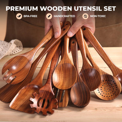 Wooden Cooking Utensils Set, Comfortable Grip Teak Wood Cooking Spoon Set, Nonstick No Scratch Wooden Spoons for Cooking (10Pcs）