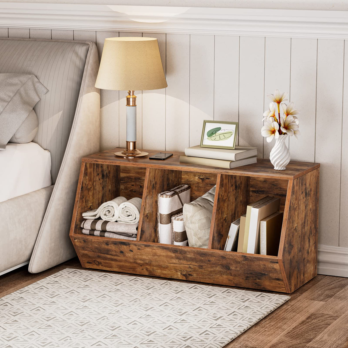 HOOBRO Rustic Brown 3-Bin Toy Storage Cubby and Children's Bookshelf HOOBRO