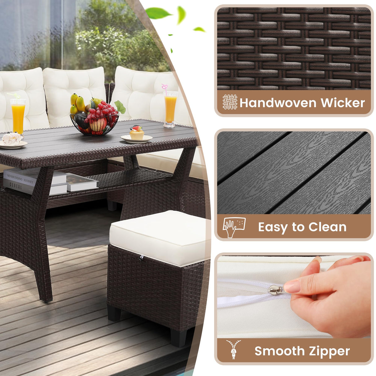 KROFEM 6-Piece Outdoor Patio Furniture Set - Sectional Sofa, Dining Table & Chairs Included, All-Weather Dining Set with Ottoman, Brown Wicker and White Cushions KROFEM