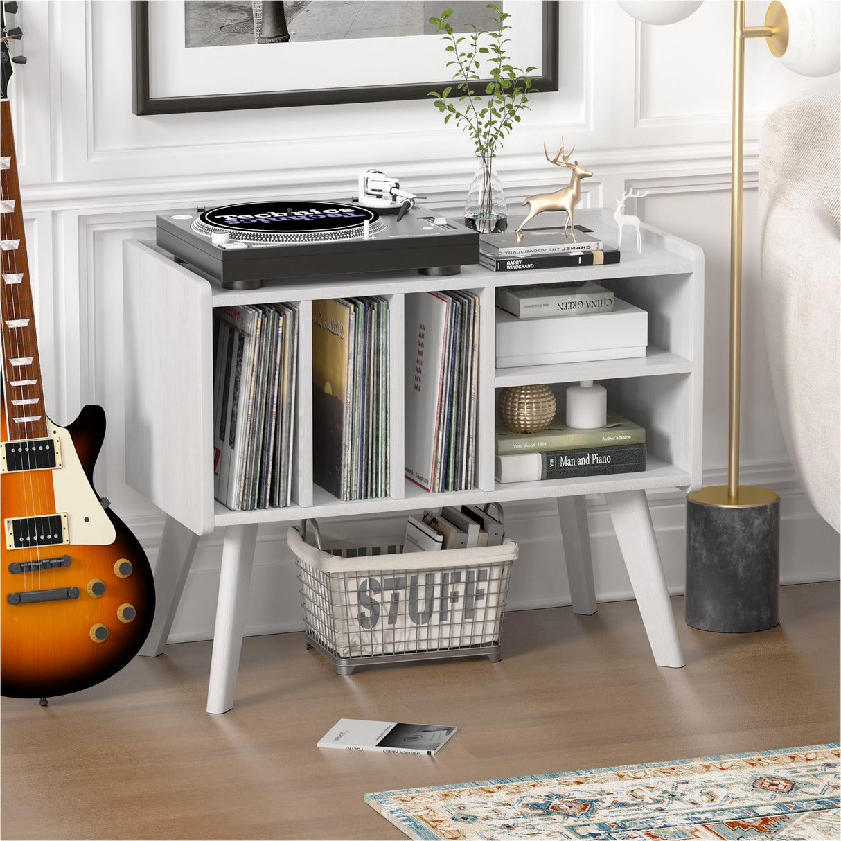 Forevich Record Player Stand Table with Vinyl Storage Holder Large Turntable Record Stand with Power Outlet Holds Up to 220 Albums Display Shelf Cabinet with Wood Legs for Living Room White Forevich