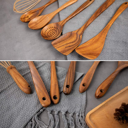 10 Pack Wooden Spoons for Cooking, Teak Wood Kitchen Utensils Set for Non Stick Use, Spatula Set for Stirring, Baking, Non Stick Wooden Utensils for Kitchen