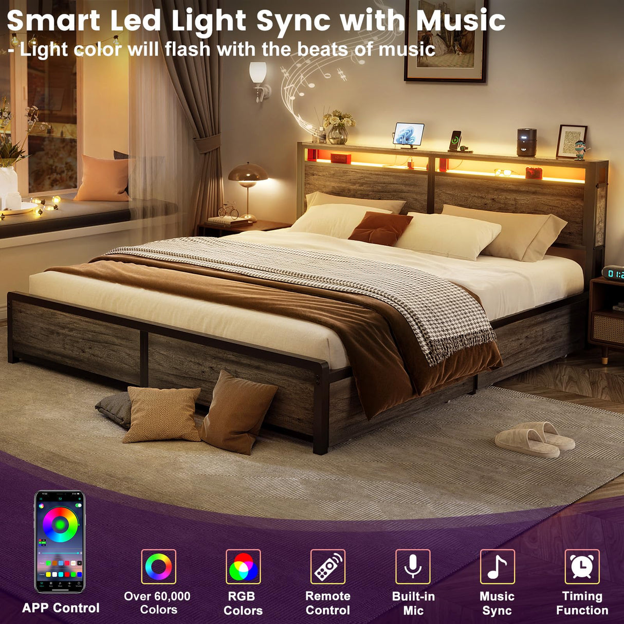 Homieasy King Size Bed Frame with 4 Storage Drawers and LED Charging Station Homieasy