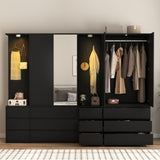 Armoire Wardrobe Closet with Mirror Door and LED Light, Bedroom Armoire with 6 Drawers, Modern Wooden Large Wardrobe Closet with Shelves, Wooden Armoire with Hanging Rod for Bedroom(Black) CORAZAZA