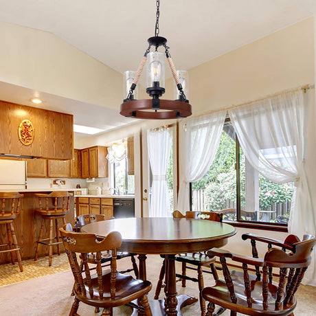 Wellmet Farmhouse Chandelier, Wood Wagon Wheel Chandelier with Seeded Glass Shade, Hanging Rustic Round 3 Lights Ceiling Pendant Lighting Fixture for Dining Room, Living Room,Foyer, Kitchen Island Wellmet
