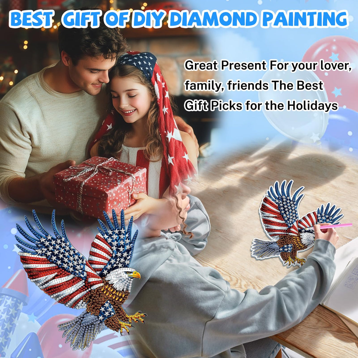 Bowetile Bald Eagle 5D Diamond Art Hanging Kits for Adults, American Flag Diamond Painting Window Pendant Kits, Special Shape Patriotism Gem Art Suncatchers Ornament for Home Garden Wall Decor Bowetile