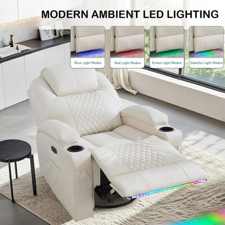 DUNELLA Power Swivel Rocker Recliner Chair for Adults with Heat and Massage, LED Lights, USB and Type-C Ports, Electric Glider Recliner Nursery Chair for Living Room(Beige, Single Sofa) DUNELLA