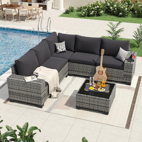 Aoxun 6 Pieces Patio Furniture Set Wicker Rattan Outdoor Sectional Conversation Set with Coffee Table and 4” Thickened Cushions, Gray Black (Waterproof Cover Included) Aoxun