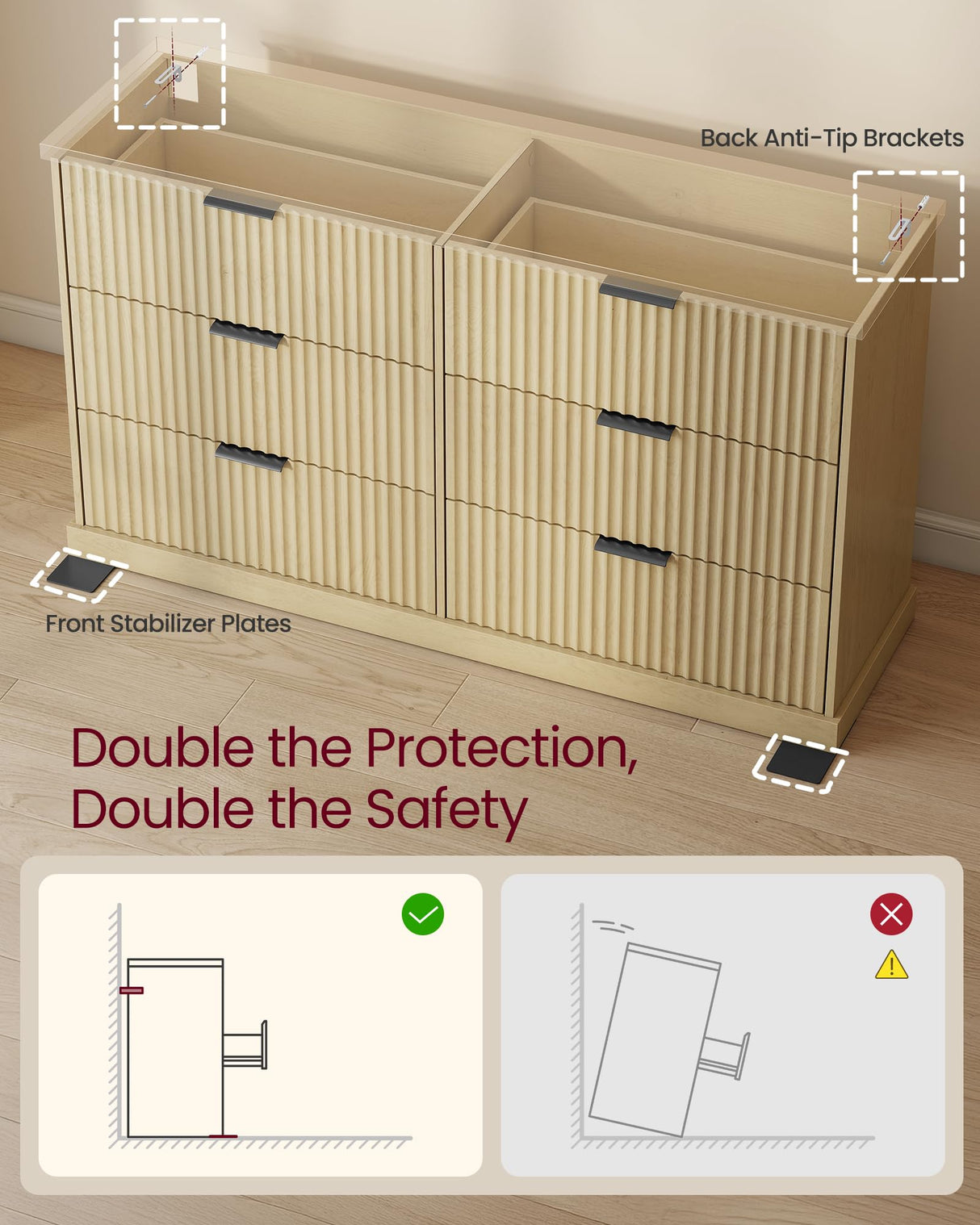 VASAGLE MAXE Collection - 6-Drawer Double Dresser for Bedroom, 54.2-Inch Wide Chest of Drawers, Fluted Panels, Mid Century Modern Storage Dresser, TV Stand for Living Room, Oak Beige ULTS662YC01S VASAGLE