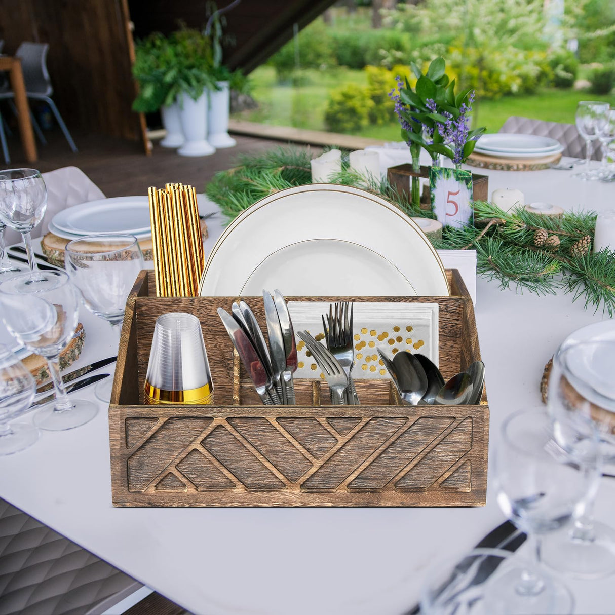 Paper Plate Dispenser, Paper Plate Holder for Kitchen Counter, Wood Rustic Silverware Utensil Caddy, Cutlery Flatware Organizer Box for Cups Spoons Forks Plates Napkins, Kitchen Accessories (Brown) Ukonvi