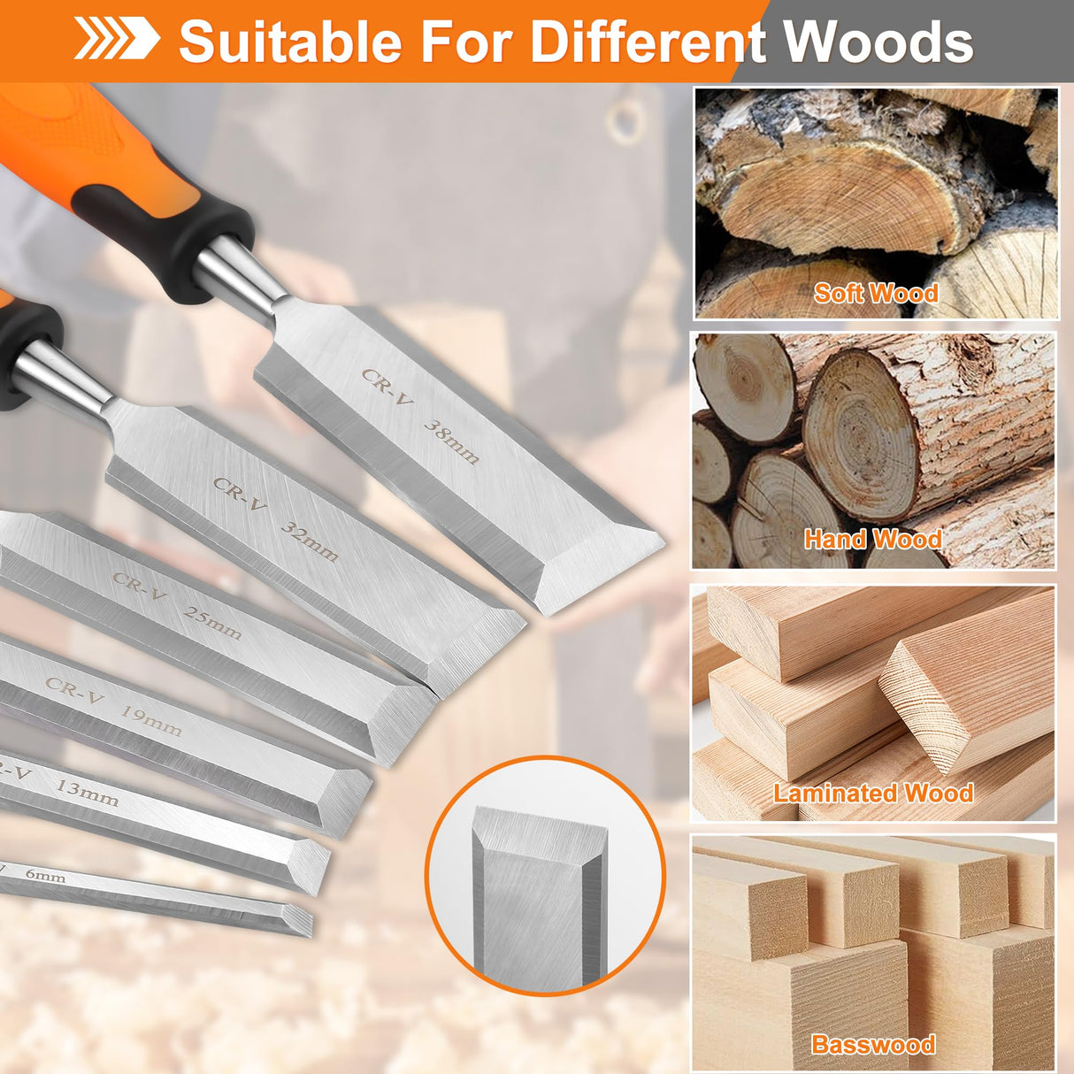 KINGBRO 6 Pcs Wood Chisel Sets, Wood Chisels for Carbon Steel Woodworking with Steel Hammer End, Durable PP+TPR High Impact Handle Wood Chisel, 6/12/19/25/32/38mm KINGBRO