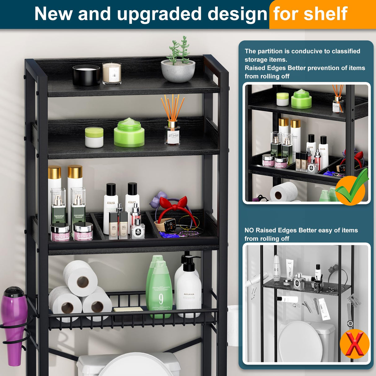 Over The Toilet Storage Cabinet,4 Tier Bathroom Organizer and Storage With Adjustable Shelf Waterproof Feet Pad and Basket Multifunctional Space Saver Freestanding Bathroom Shelves With Dividers Black Mlinavn
