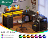 AODK 66" L Shaped Computer Desk, 113“ Reversible Home Office Desk with File Cabinet & 4 Fabric Drawers, Two Person Desk with LED Lights & Power Outlet, Corner Gaming Desk with Monitor Shelf, Black AODK