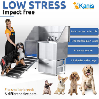 KANIS Professional Stainless Steel Dog Bathing Station - Dog Grooming Tub w/Ramp, Storage Drawer, Floor Grate & Faucet/Dog Bathtub for Large, Medium & Small Pets (50", Left RAMP - 1 Drawer)