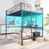 VINGLI Full Size Metal Loft Bunk Bed Frame for Kids Teens Adults with Desk Underneath,2 Charging Station,LED Lights,Safety Guardrail and Stair,No Box Spring Needed,Black VINGLI