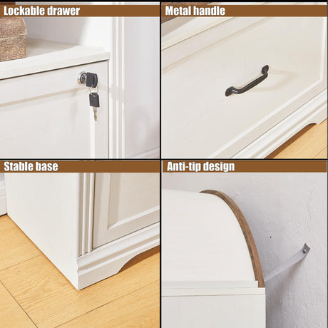 5 Tiers Farmhouse Arch Bookshelf with Lockable Drawers,70”Tall Bookshelf with Adjustable File Cabinet,Vintage Arch Bookcase for Home Office (White) LayBurst