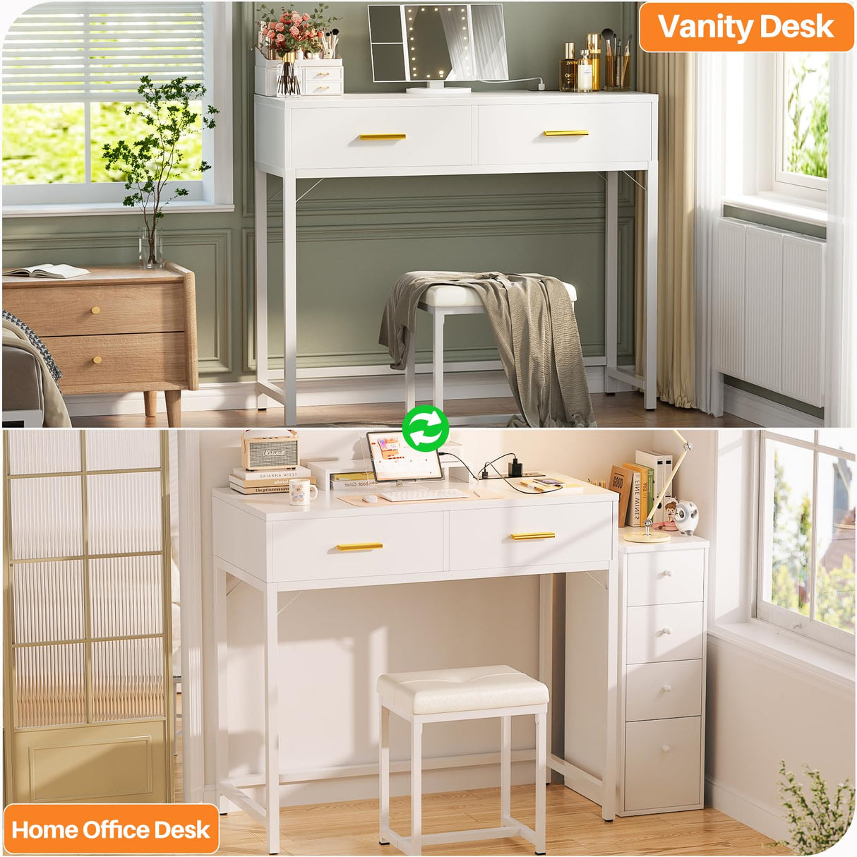 Girapow Vanity Desk with Power Outlets and Lights, 36'' Makeup Vanity with Tri Fold Lighted Mirror, White Vanity Set with Drawers, Vanity Table with Cushion Stool, Small Makeup Table for Bedroom,White Girapow