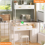 Girapow Vanity Desk with Power Outlets and Lights, 36'' Makeup Vanity with Tri Fold Lighted Mirror, White Vanity Set with Drawers, Vanity Table with Cushion Stool, Small Makeup Table for Bedroom,White Girapow
