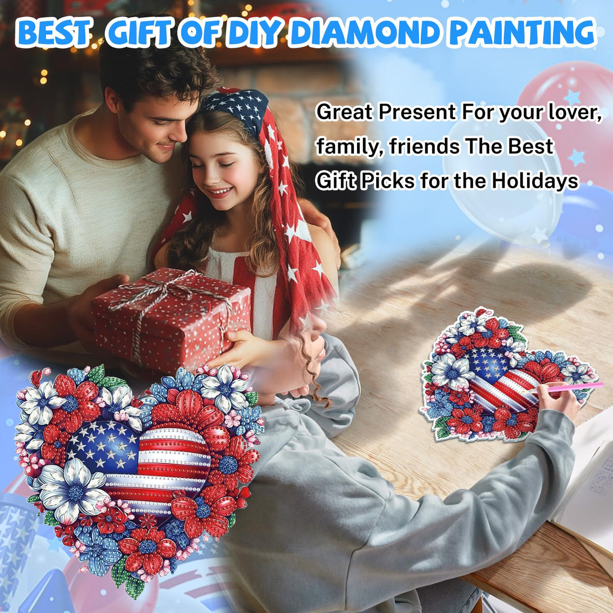 Bowetile 5D Patriotic Diamond Art Hanging Kits for Adults, Diamond Painting Heart Shape Flowers Pendant Kits, Special Shape USA Flag Gem Art Suncatcher Ornament for Home Window Wall Decor Bowetile