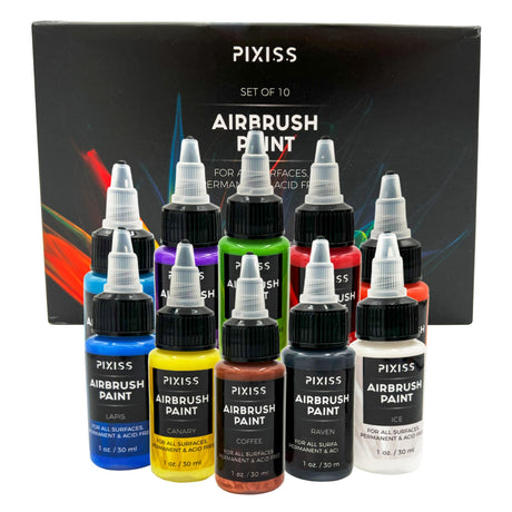 Pixiss Air Brush Painting Set - 10 Colors of Acrylic Paint for Airbrush Kit - Acrylic Airbrush Paint Set for Model Paint Kit - Vibrant Pigments for Various Surfaces Pixiss
