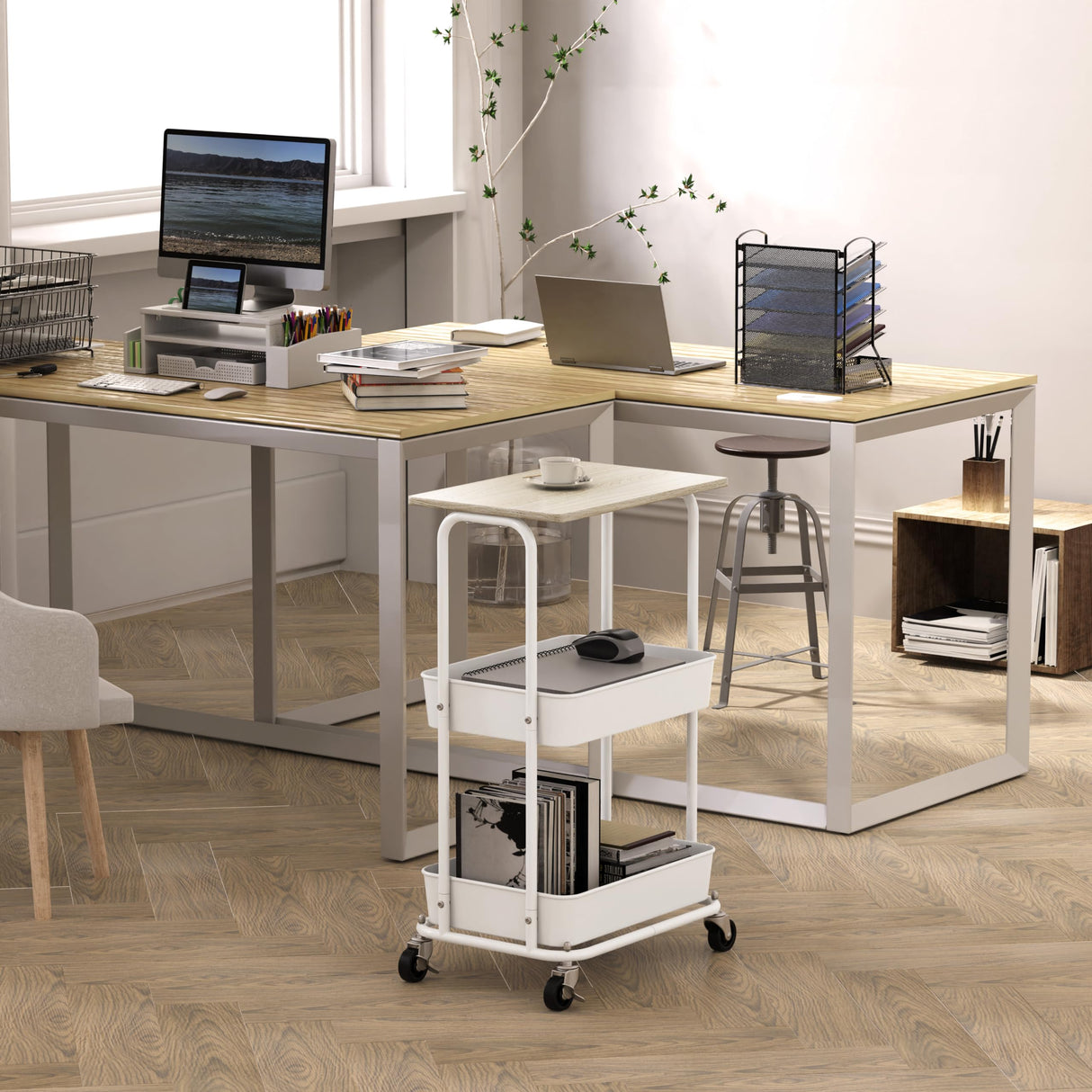 Simple Houseware 2-Tier Rolling Utility Cart with Top Board, Rustic Brown Simple Houseware