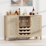 OTUTUMUS Rattan Wine Bar Cabinet, Boho Rattan Home Wine Bar Cabinet with Glass Holder and Drawer Style Wine Racks, Oak Sideboard Buffet Storage Cabinet for Living Dining Room Kitchen OTUTUMUS