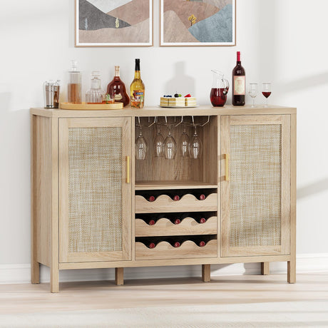 OTUTUMUS Rattan Wine Bar Cabinet, Boho Rattan Home Wine Bar Cabinet with Glass Holder and Drawer Style Wine Racks, Oak Sideboard Buffet Storage Cabinet for Living Dining Room Kitchen OTUTUMUS