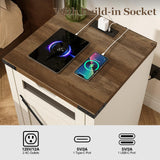 Farmhouse End Table with Charging Station, 26.4" H Side Table with Drawer and X Barn Door, Antique White Country Nightstand Bedside Table, Mid Century Modern Sofa Side Table for Living Room FiveWillowise