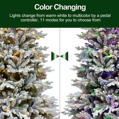 Hykolity 7.5 ft Prelit Snow Flocked Christmas Tree, 2806 PE&PVC Realistic Branch Tips, Artificial Twinkling Christmas Tree with 500 Color Changing LED Lights, Metal Stand and Hinged Branches, 11 Modes