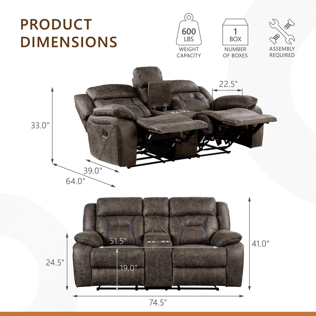 Homelegance Reclining Loveseat, Polished Microfiber Manual Double Recliner Loveseat with Center Console, Dark Brown Homelegance