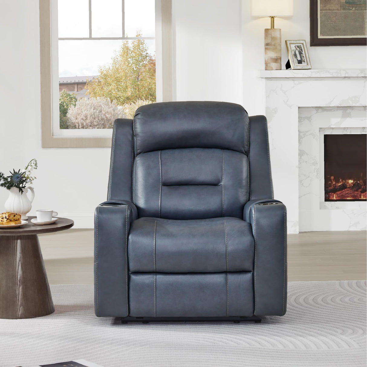 Watson & Whitely Genuine Leather Power Recliner Chairs for Adults, Lay Flat Recliner with Power Headrest, USB Ports and Cup Holders, Electric Reclining Sofa for Living Room, Bedroom, Navy Watson & Whitely