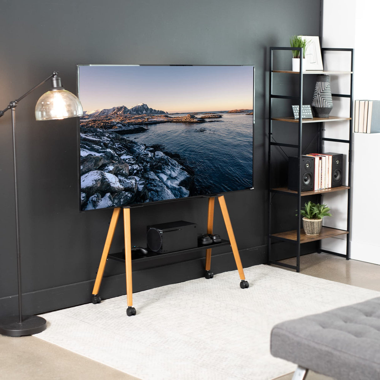 VIVO Rolling Artistic Easel 49 to 75 inch LED LCD Screen Mobile Studio TV Display Stand, Wood Accessory Shelf, Adjustable TV Mount with 4 Walnut Legs, Black Frame, STAND-TV75R VIVO