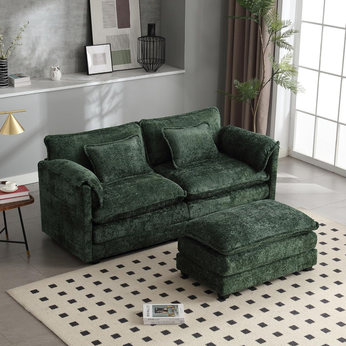 ZEIINPA L Shaped Sectional Sofa Cloud Couch for Living Room, 77" Chenille Comfy Boucle Modular loveseat Sofa, Modern Upholstery Sofa with Ottoman & Memory Foam, Emerald Green ZEIINPA