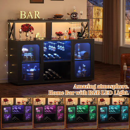 Aheaplus Bar Cabinet with Power Outlets, Liquor Cabinet with Led Lights and Glass Holder, Storage Buffet Cabinet Coffee Bar Cabinet for Liquor, Wine Cabinet with Racks -G2, Black - WoodArtSupply