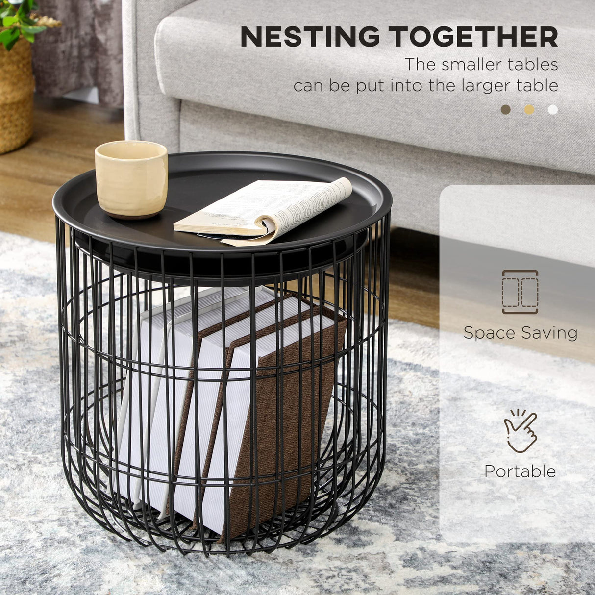 HOMCOM Nesting Coffee Tables, Round Coffee Table Set of 2 with Steel Wired Basket Body and Removable Top, Stacking End Tables Blanket Storage for Living Room, Black HOMCOM