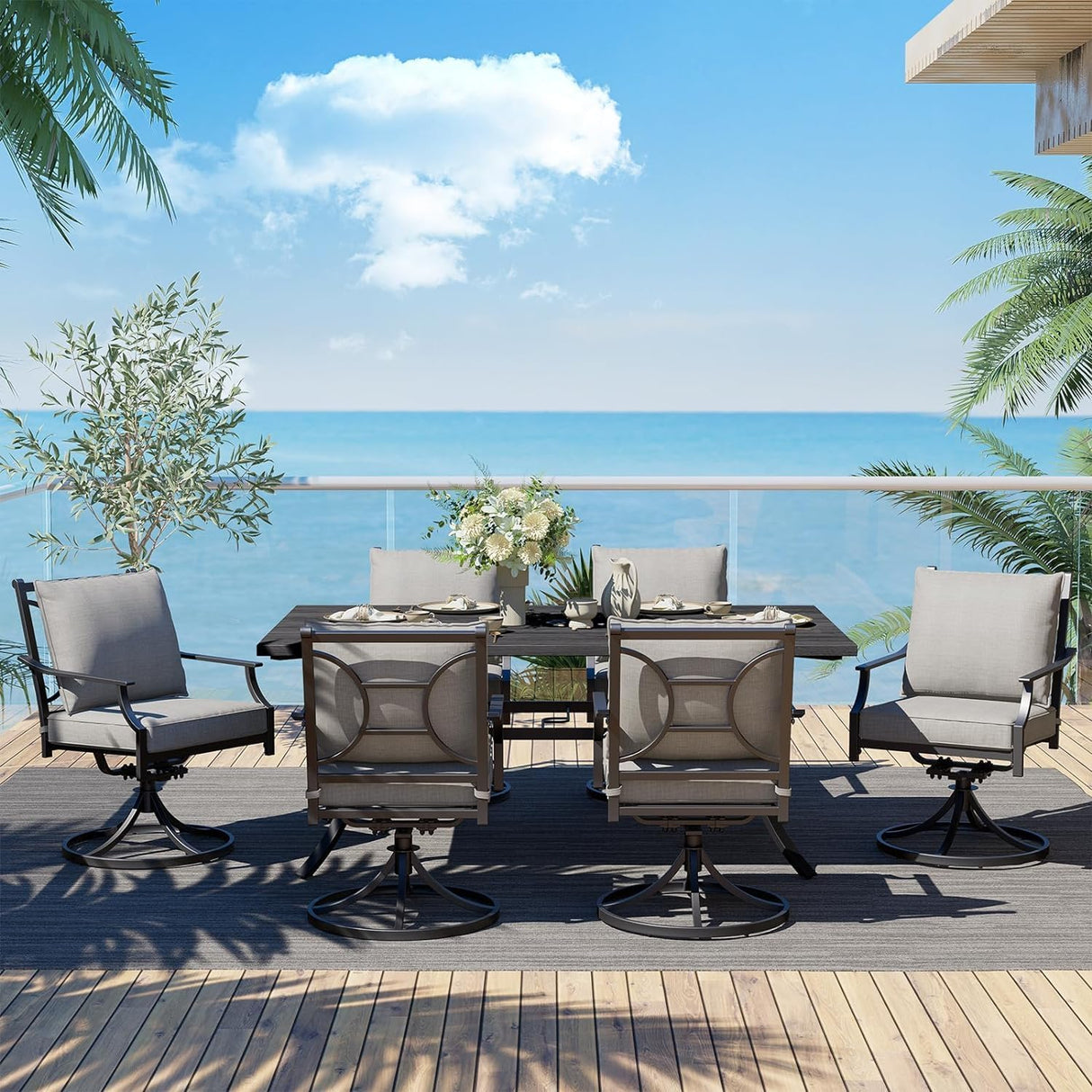 Grand patio 7-Piece Outdoor Dining Set for 6 E-Coated Patio Dining Furniture Set for 6 Patio Swivel Dining Chairs with Olefin Cushions 1 Rectangular Dining Faux Woodgrain Table with Umbrella Hole Grey Grand patio