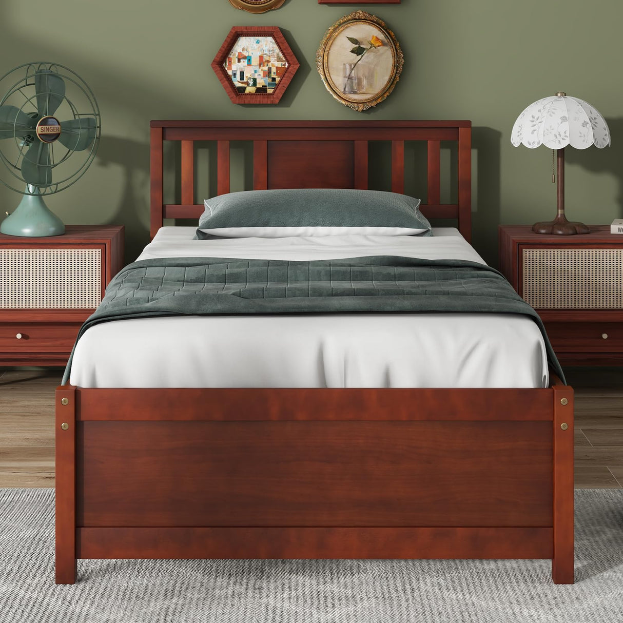 Giantex Mid Century Twin Bed Frame with Headboard in Walnut - Solid Wood Platform with Slat Support Giantex