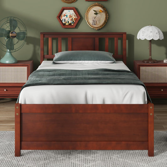 Giantex Mid Century Twin Bed Frame with Headboard in Walnut - Solid Wood Platform with Slat Support - WoodArtSupply