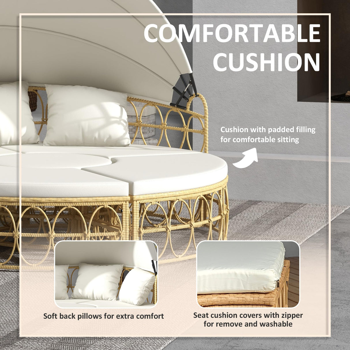 Outsunny Patio Furniture Set, Round Outdoor Daybed with Washable Couch Cushions, Hollow Wicker PE Rattan Sectional Sofa with Retractable Canopy for Pool, Lawn, Cream White Outsunny