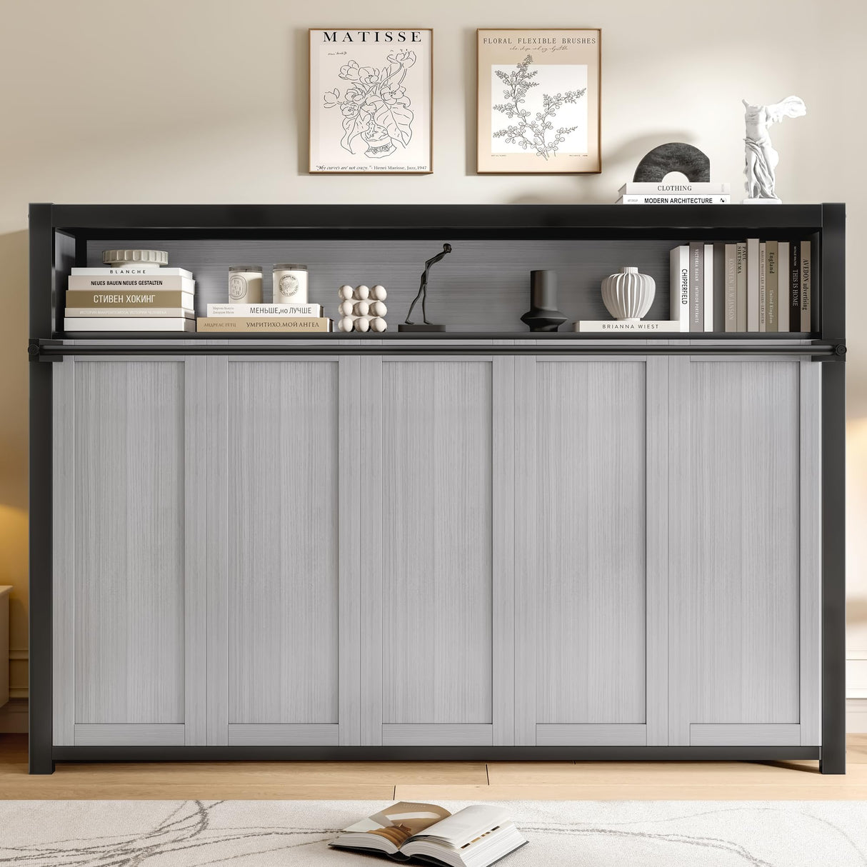 SOFTSEA Twin Horizontal Metal Murphy Bed with Shelves, Folding Wall Bed Cabinet with Metal Slats, Heavy-Duty Murphy Bed Frame with Bookcase for Guest Room Bedroom Office, Grey Black SOFTSEA