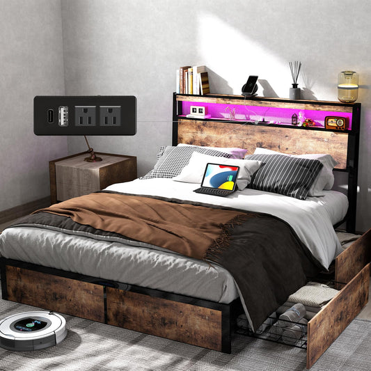 Queen Size Bed Frame with 4 Storage Drawers, Charging Headboard, and LED Lights by Anyhave - WoodArtSupply