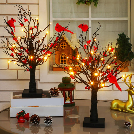 Realspring 2 Pcs Vintage Glowing Tree with Cardinals Lighted Mini Birch Tree 24 LED Cardinal Little Red Bird Table Decoration for Tabletop Centerpiece Xmas Indoor Home Decor, Operated by Battery Realspring