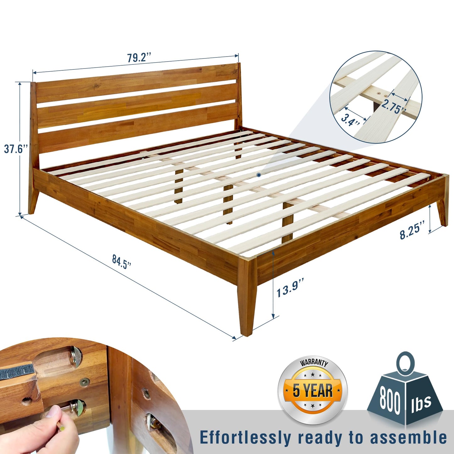 Acacia Emery Bed Frame with Headboard Solid Wood Platform Bed, King Size Bed Frame, Unique Design Contemporary Signature Wood Bed Compatible with All Mattresses, Non-Slip and Noise-Free, Caramel.