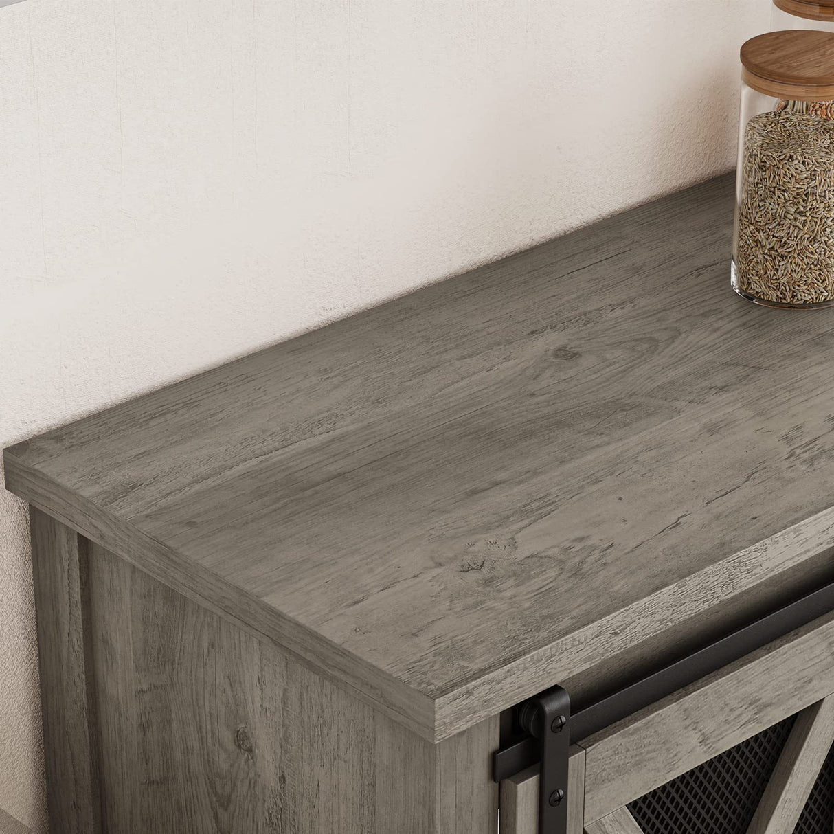 IDEALHOUSE Buffet Storage Cabinet Farmhouse Wine Cabinet Coffee Bar Table with Wine Glass Rack and Storage, Wood Buffets and Sideboards with Barn Mesh Door for Kitchen, Dining, Living Room, Grey IDEALHOUSE