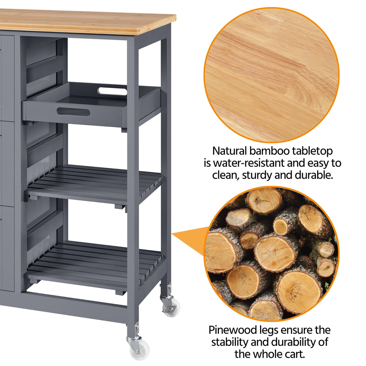 Yaheetech Kitchen Island Cart on Wheels with Storage, Rolling Bar Cart with Solid Wood Top and 3 Drawers, 3 Removable Shelves, Serving Utility Carts for Dining Room/Small Kitchen, Dark Gray Yaheetech