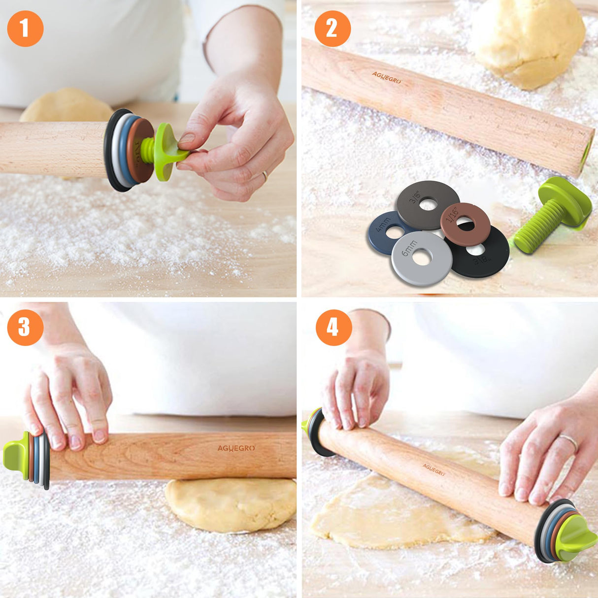 Aguegro Rolling Pin with Adjustable Thickness Ring, Dough Thickness for Baking, Fondant, Pizza, Crust, Cookies, Pastry, 13.6" Wooden Rolling Pin with 4 Multi-Color Thickness Rings Aguegro